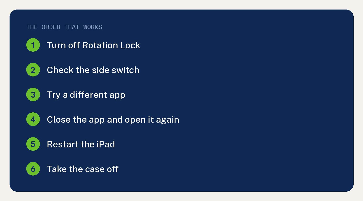 iPad Screen Not Rotating? 6 Fixes That Work 1 The order that works when an iPad screen is not rotating, starting with turning off Rotation Lock