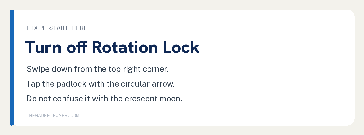 iPad Screen Not Rotating? 6 Fixes That Work 2 Fix 1 for an iPad screen not rotating, turn off Rotation Lock by tapping the padlock with the circular arrow