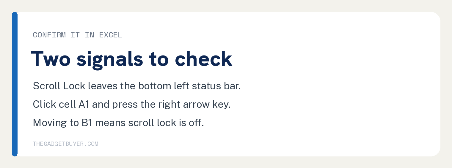 How to Turn Off Scroll Lock on a Dell Laptop (4 Ways) 3 Step card showing how to confirm scroll lock is off in Excel using the status bar and the arrow key test