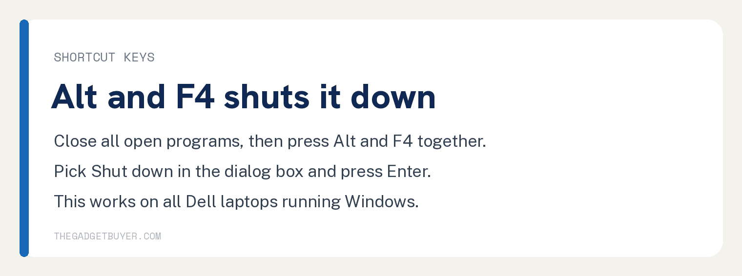 4 Ways To Safely Force Shut Down A Dell Laptop 4 White step card showing the Alt and F4 shortcut to shut down a Dell laptop: close all open programs, press Alt and F4 together, then pick Shut down in the dialog box and press Enter.