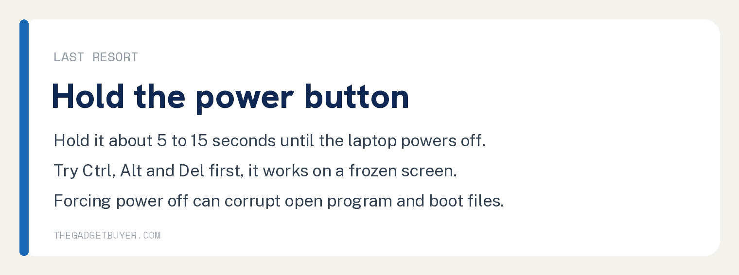 4 Ways To Safely Force Shut Down A Dell Laptop 5 White step card on force shutting down a Dell laptop as a last resort: hold the power button about 5 to 15 seconds, try Ctrl Alt and Del first on a frozen screen, and know that forcing power off can corrupt open program and boot files.