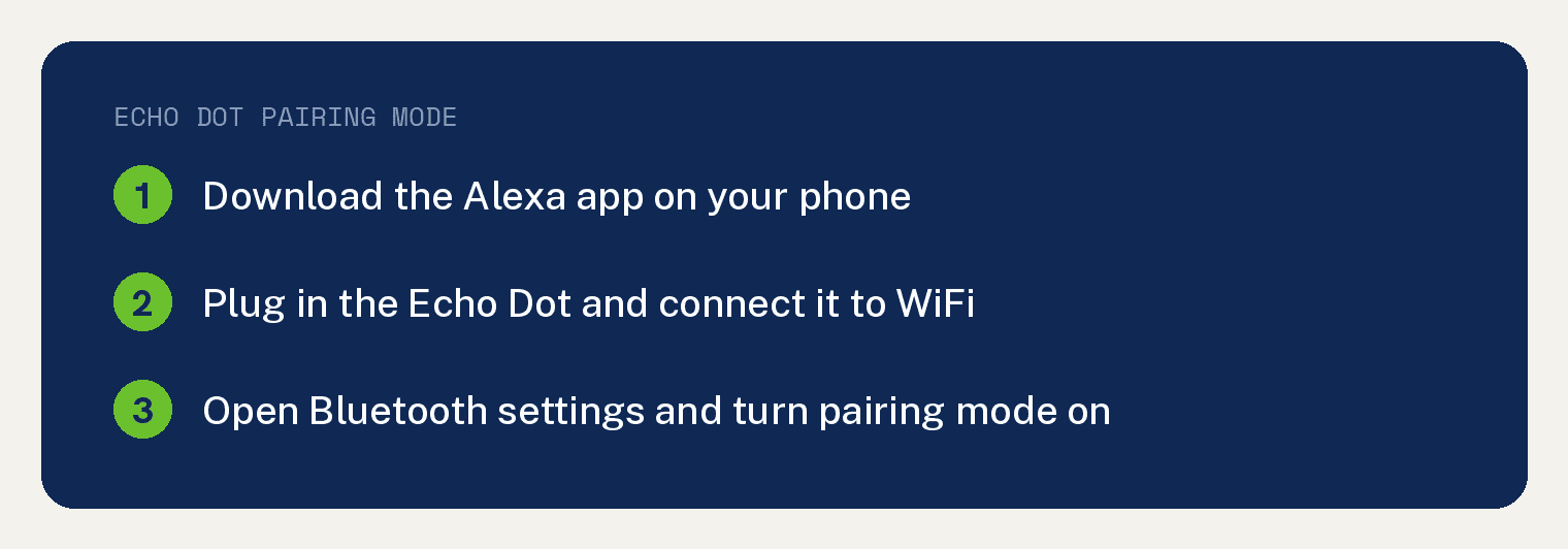 How To Put The Echo Dot In Pairing Mode: A 5 Step Guide 2 Navy card listing the Echo Dot pairing mode steps: download the Alexa app, plug in the Echo Dot and connect it to WiFi, then open Bluetooth settings and turn pairing mode on