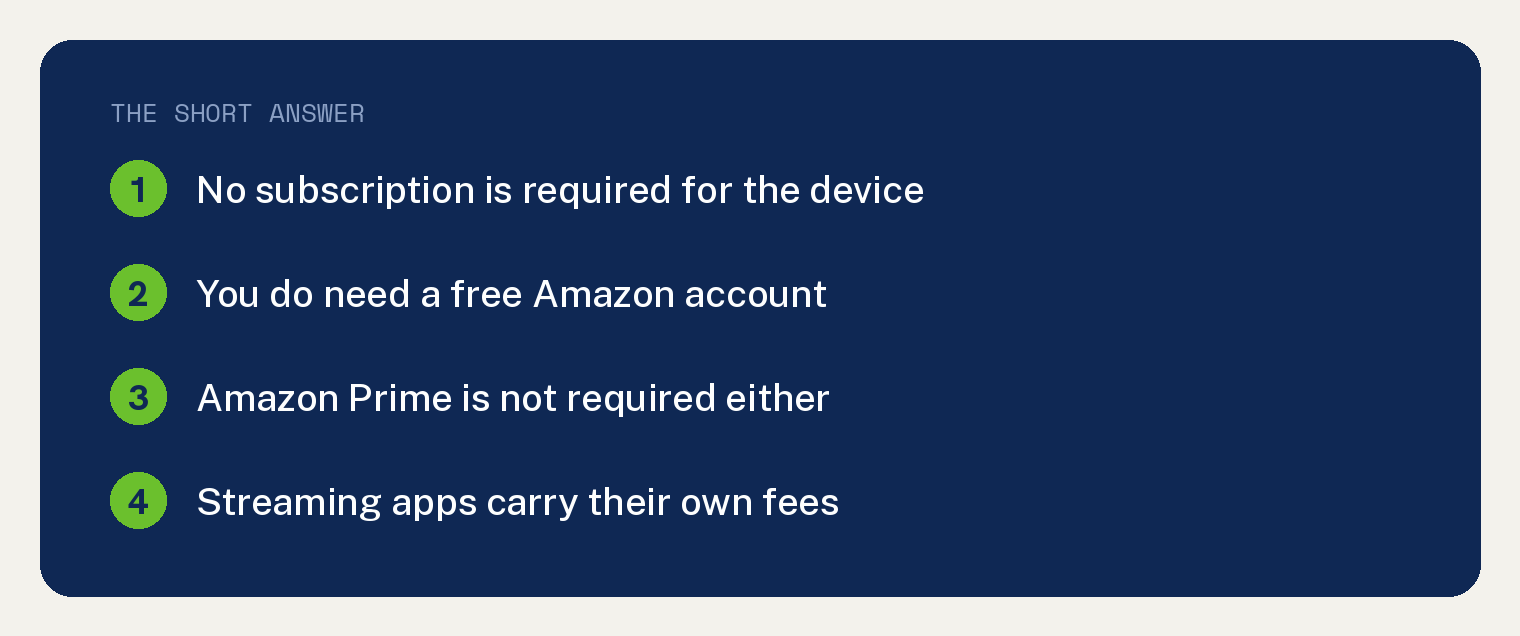 The short answer on Amazon Fire Stick subscriptions: no subscription required for the device, a free Amazon account is needed, Prime is not