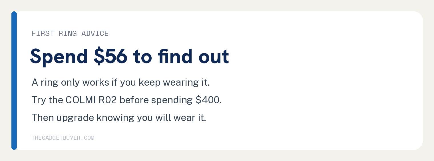 Step card advising to try a cheap smart ring first before spending more