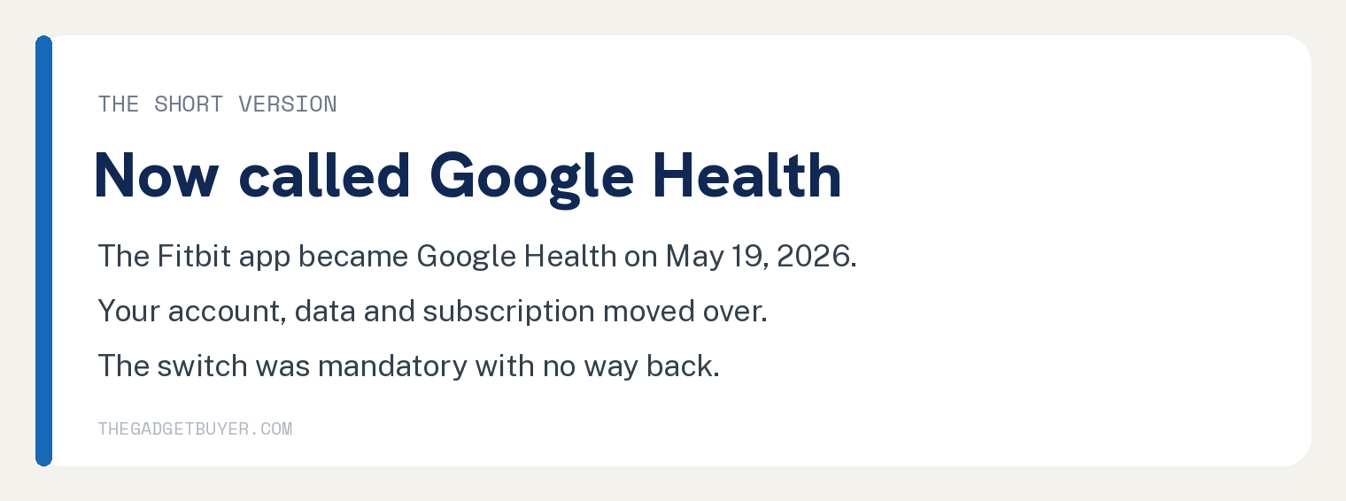 Where Did the Fitbit App Go? Google Health Explained 1 Card explaining the Fitbit app became the Google Health app in May 2026
