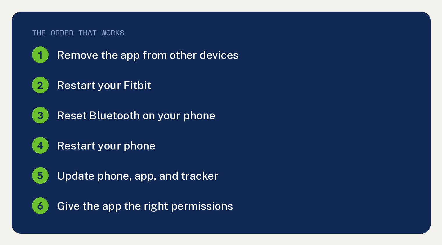 Why Your Fitbit Keeps Disconnecting and How to Stop It 1 Summary card listing the first six fixes in order for a Fitbit that keeps disconnecting from Bluetooth