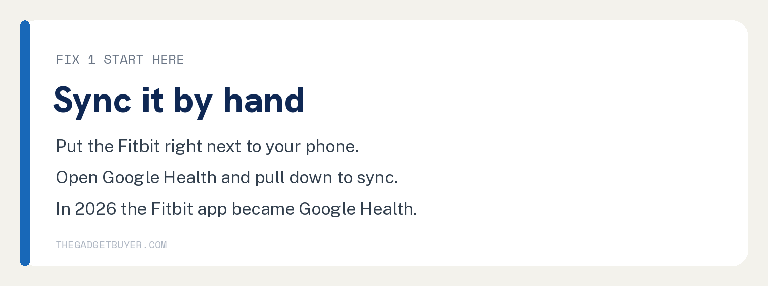 Card explaining how to sync a Fitbit by hand in the Google Health app
