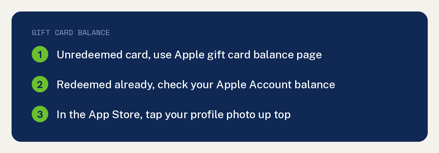 How to Check Your iTunes or Apple Gift Card Balance Without Redeeming the Card 1 Navy summary card listing three ways to check an Apple gift card balance without redeeming it