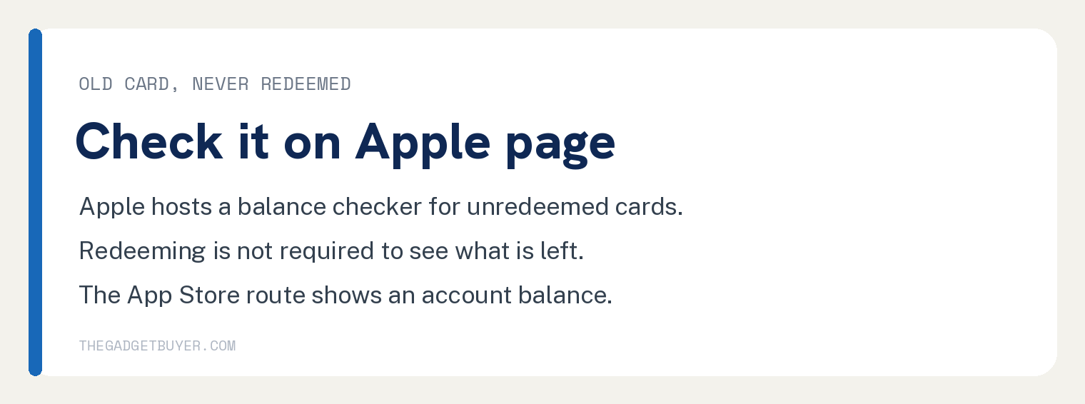 How to Check Your iTunes or Apple Gift Card Balance Without Redeeming the Card 3 White card explaining that Apple hosts an online balance checker for unredeemed gift cards