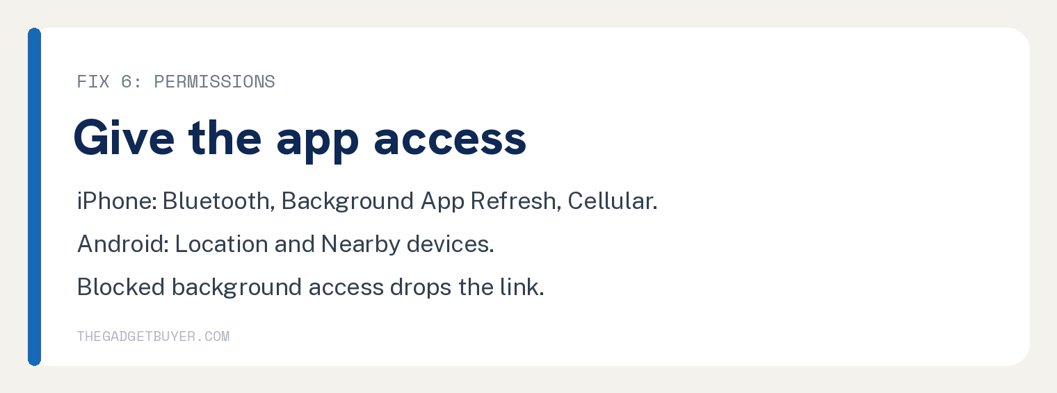 Why Your Fitbit Keeps Disconnecting and How to Stop It 3 Step card listing the phone permissions the Google Health app needs to keep a Fitbit connected