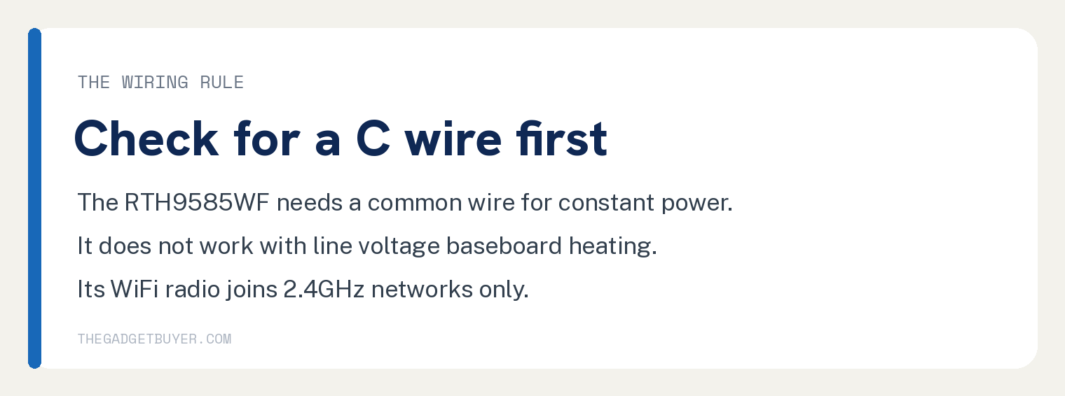 The wiring rule: the Honeywell RTH9585WF needs a common wire, does not work with line voltage baseboard heating, and joins 2.4GHz WiFi networks only