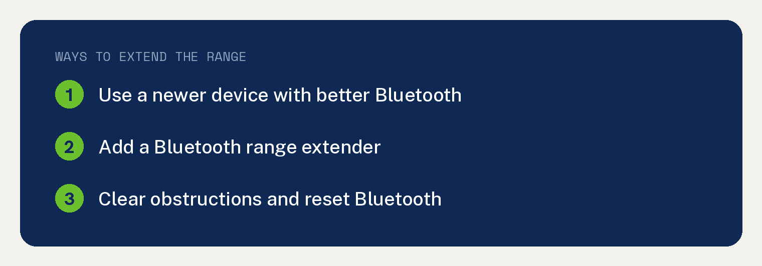 Navy card listing ways to extend Bluetooth range: use a newer device with better Bluetooth, add a Bluetooth range extender, and clear obstructions and reset Bluetooth