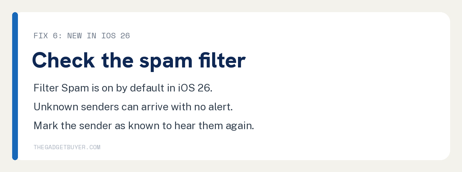 Step card for checking the iOS 26 spam filter that silences texts from unknown senders
