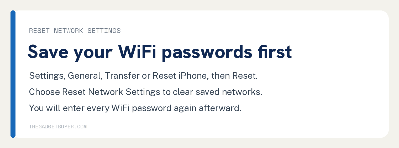 iPhone Randomly Going Into Airplane Mode? Solved! 6 White step card on resetting iPhone network settings: save your WiFi passwords first, go to Settings, General, Transfer or Reset iPhone, then Reset, and choose Reset Network Settings.