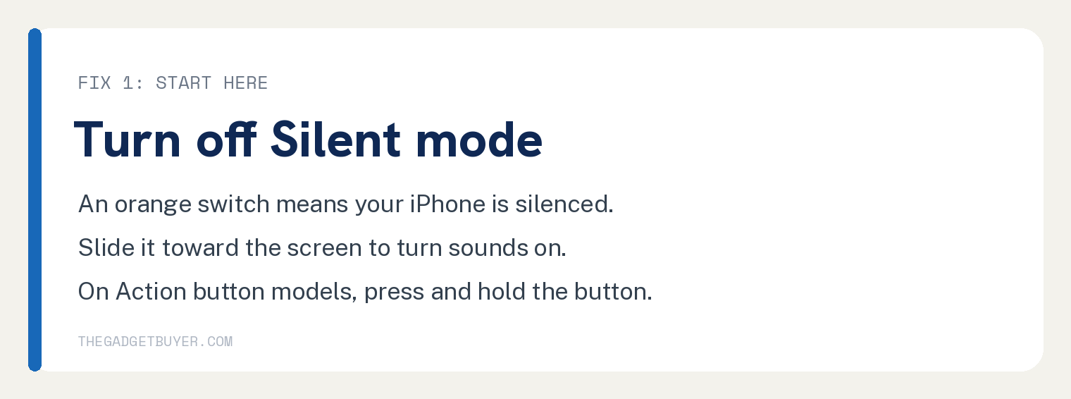 Step card for turning off Silent mode when your iPhone makes no text sound