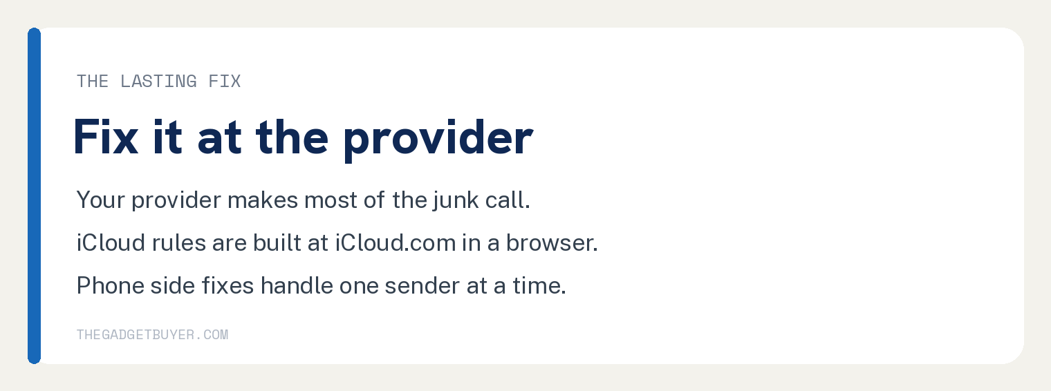 Stop iPhone Emails From Going to Junk: Real Fixes 3 Card on the lasting fix: your mail provider makes most of the junk call, iCloud rules are built at iCloud.com in a browser, phone side fixes handle one sender at a time