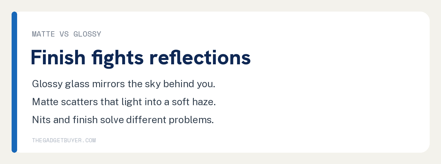 Card explaining matte versus glossy laptop screen finish and how each handles reflections in sunlight