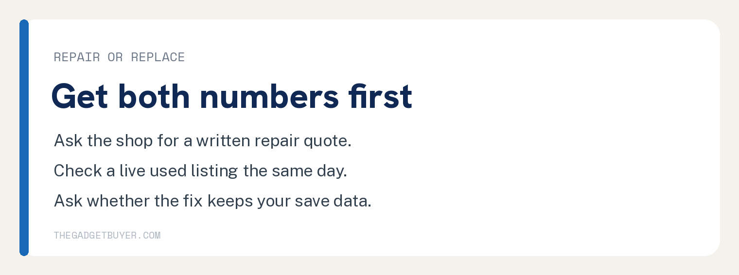 GameStop Does Not Fix Wii Consoles 3 Repair or replace card advising a written repair quote, a live used Wii listing check, and asking whether the fix keeps your save data