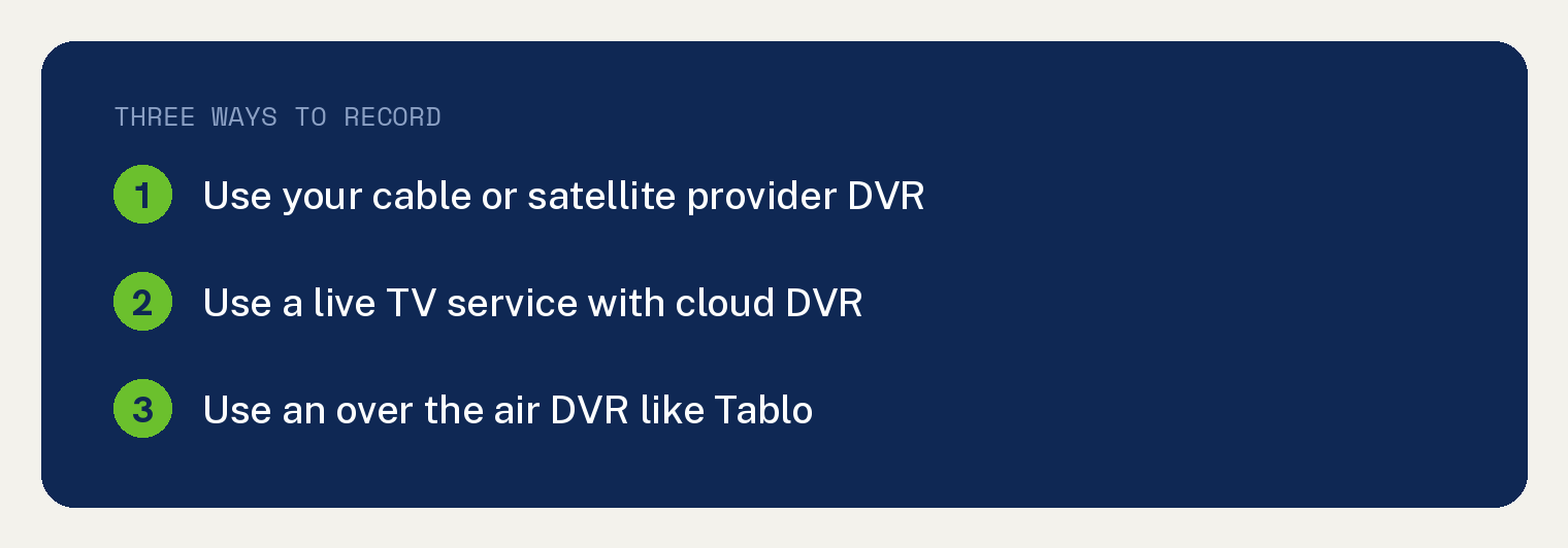 How to Record on a Samsung Smart TV: What Works in the US 1 Three ways to record TV shows when a Samsung smart TV cannot record, cable DVR, cloud DVR, or an over the air DVR