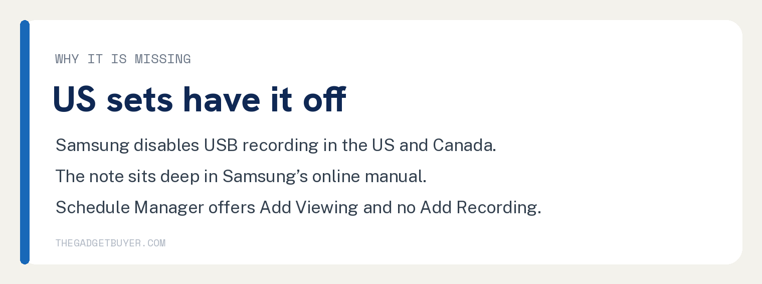 How to Record on a Samsung Smart TV: What Works in the US 2 Why USB recording is missing on US Samsung smart TVs, Samsung disables it in the US and Canada