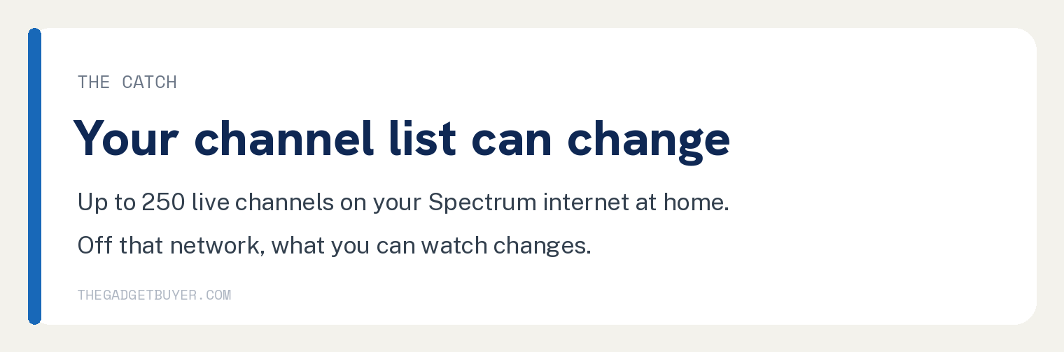 How to Get Spectrum TV on Roku and What You Can Watch 3 Card explaining that the Spectrum TV channel list on Roku changes when you are off your home Spectrum internet