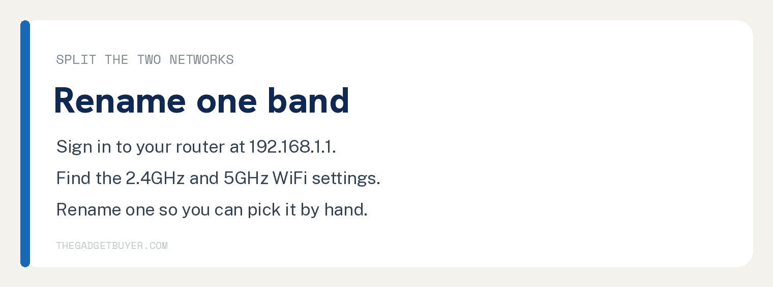 Card showing how to rename one Spectrum WiFi band at 192.168.1.1