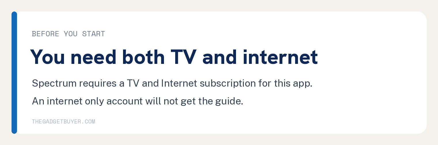 How to Get Spectrum TV on Roku and What You Can Watch 2 Card explaining that Spectrum TV on Roku needs both a Spectrum TV and Internet subscription, and that an internet only account will not get the guide