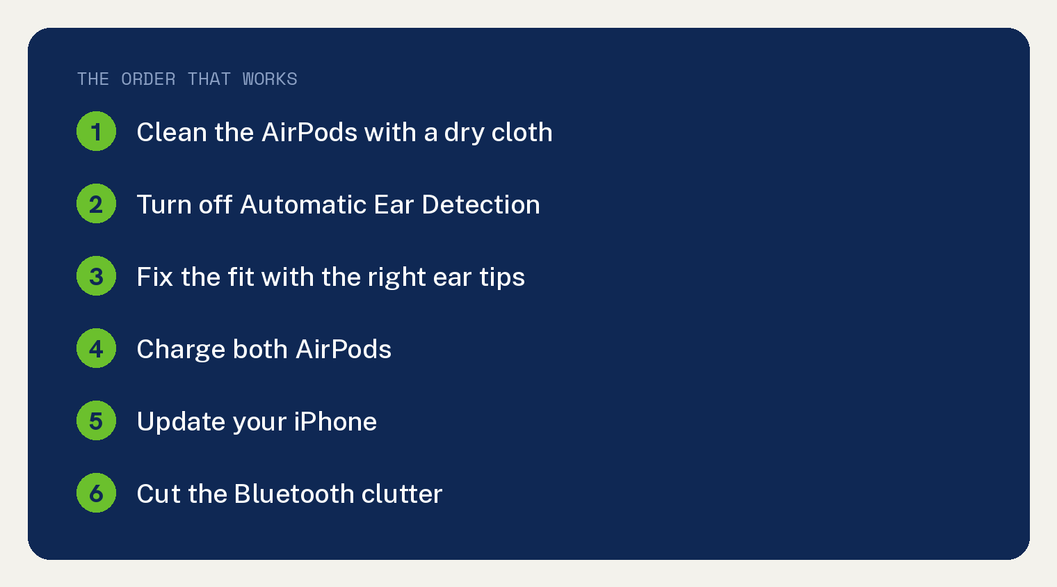 AirPods Keep Pausing? 8 Fixes That Work 1 Numbered card listing the order of fixes for AirPods that keep pausing