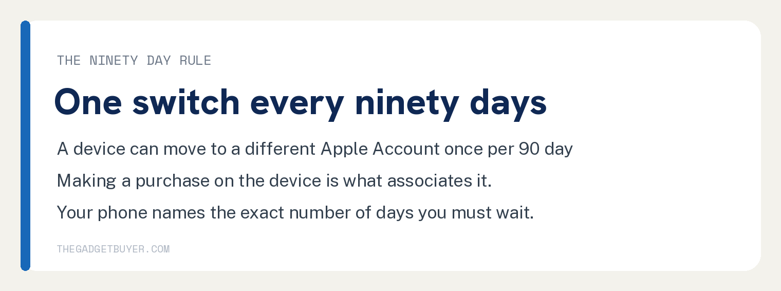 Apple Music With a Different Apple ID, and the 90 Day Trap 2 Apple allows a device to switch Apple Accounts once every ninety days