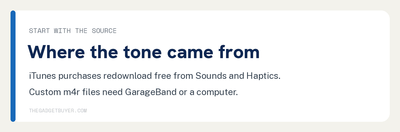 Card explaining that iTunes ringtone purchases redownload free in Sounds and Haptics while custom m4r files need GarageBand or a computer