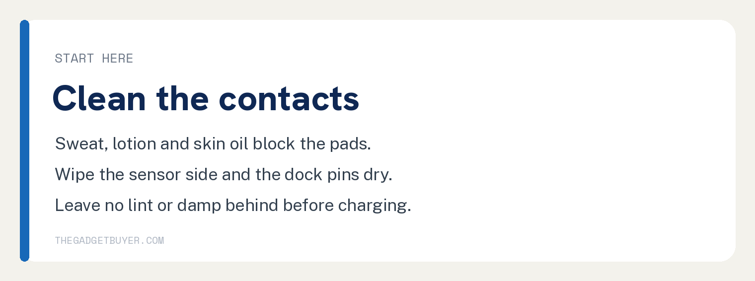 Oura Ring Not Charging and How to Fix It 2 Card explaining how to clean the Oura Ring sensor side and dock pins before charging