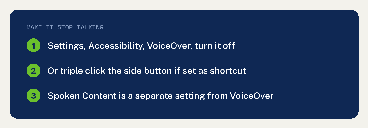 Navy card listing how to stop an iPhone from reading everything you touch by turning off VoiceOver