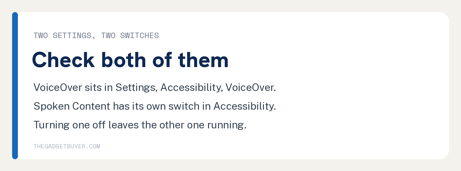 White card explaining VoiceOver and Spoken Content are two separate iPhone accessibility switches
