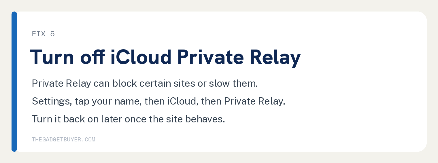 White step card titled Fix 5 Turn off iCloud Private Relay, noting Private Relay can block certain sites or slow them, that the path is Settings then your name then iCloud then Private Relay, and that it can be turned back on later