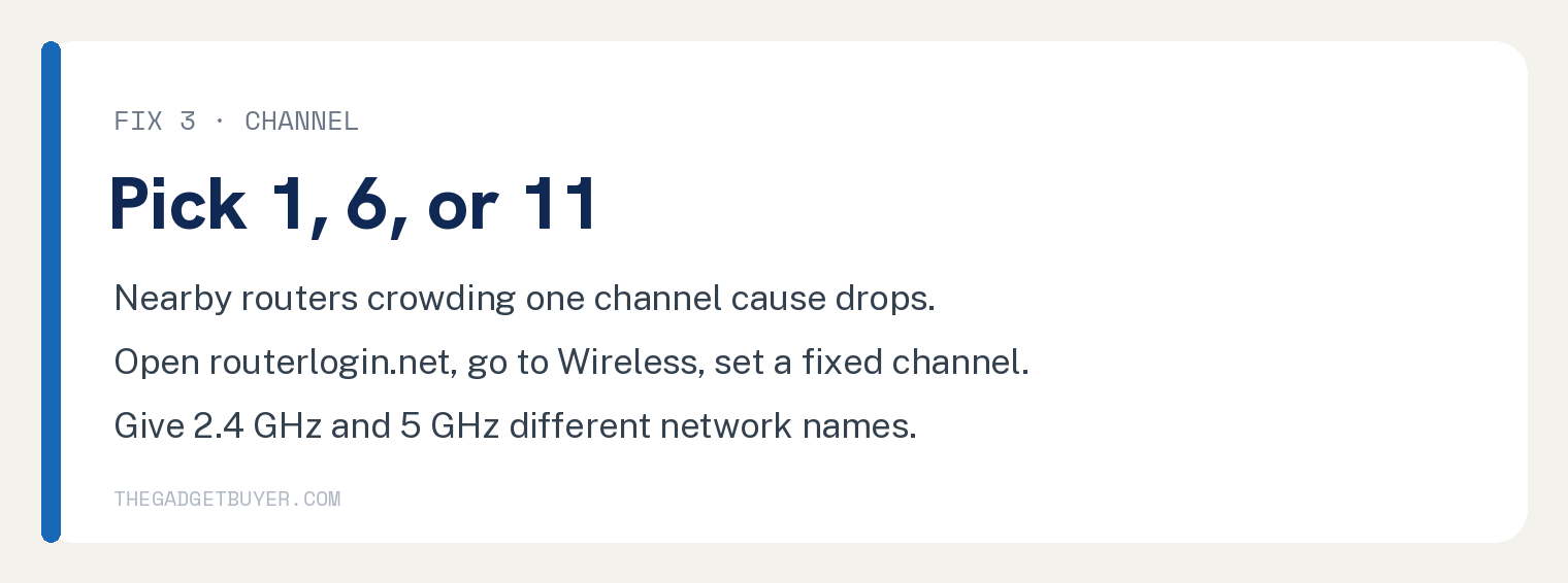 Fix a Nighthawk That Keeps Dropping WiFi 3 White card on changing the Nighthawk 2.4 GHz WiFi channel to 1, 6 or 11 in routerlogin.net to cut interference