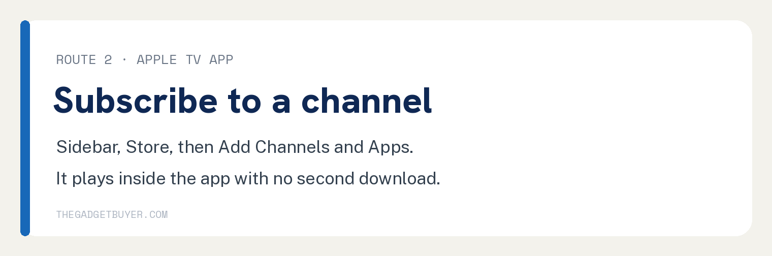 Add Channels on Apple TV: A Simple Walkthrough 3 Card headed Subscribe to a channel, pointing to the Apple TV app sidebar then Store then Add Channels and Apps, and noting it plays inside the app with no second download