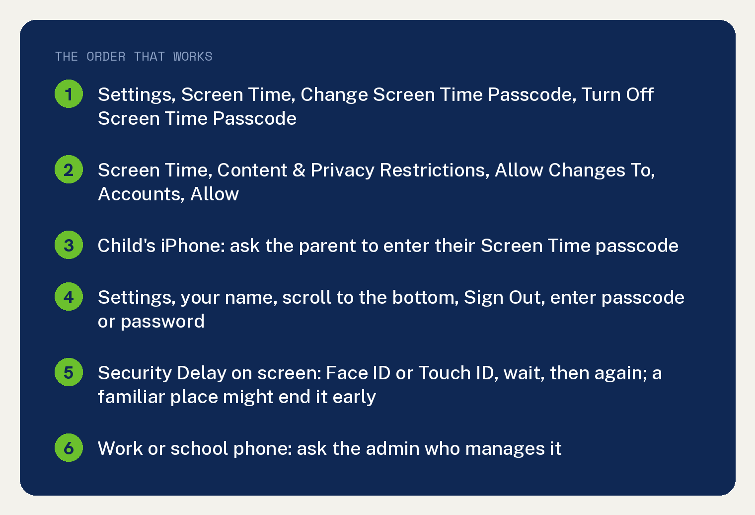 Can't Sign Out of Apple ID on iPhone: Fix the Grey Name 1 THE ORDER THAT WORKS: Settings, Screen Time, Change Screen Time Passcode, Turn Off Screen Time Passcode; Screen Time, Content & Privacy Restrictions, Allow Changes To, Accounts, Allow; Child's iPhone: ask the parent to enter their Screen Time passcod