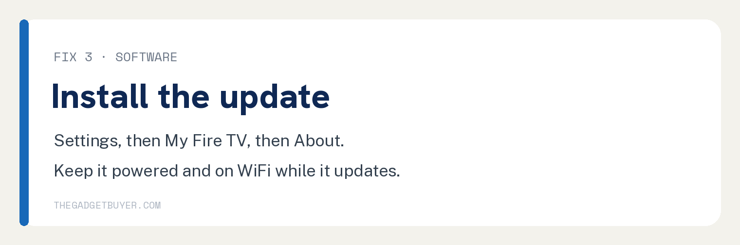 Card headed Install the update, pointing to Settings then My Fire TV then About, and reminding you to keep the Firestick powered and on WiFi while it updates