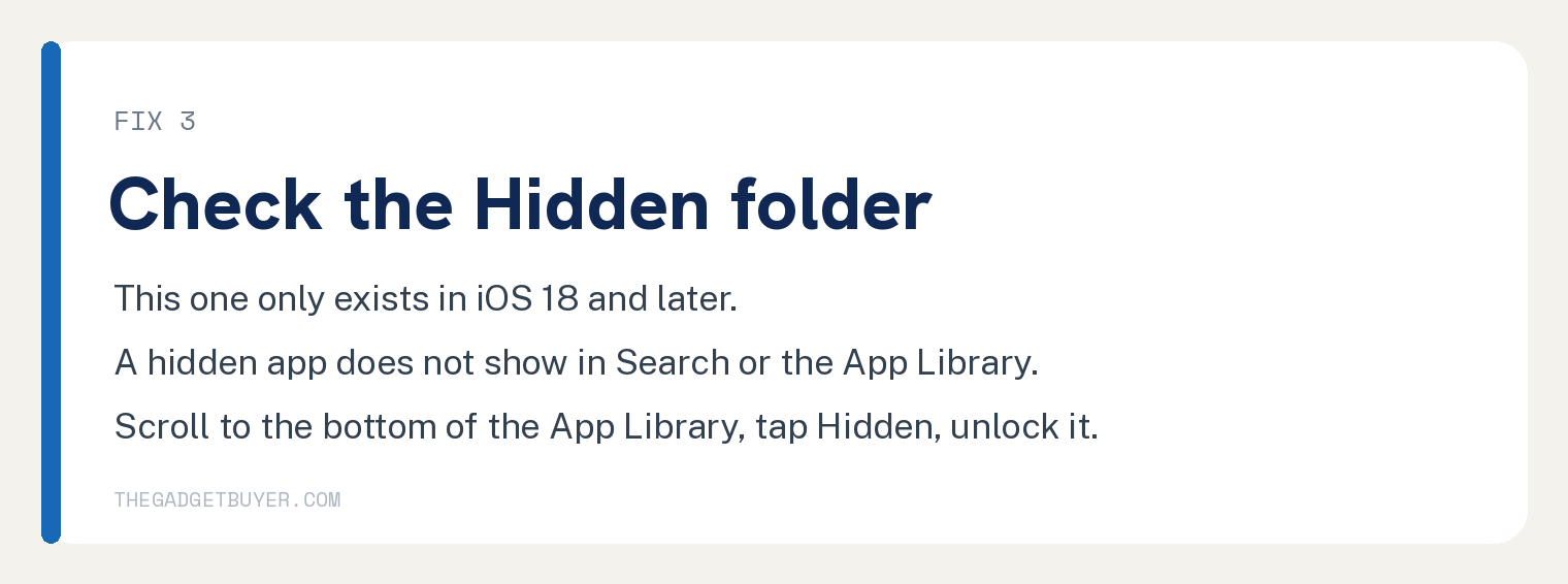 Card headed Check the Hidden folder, noting it exists only in iOS 18 and later, that a hidden app does not show in Search or the App Library, and to scroll to the bottom of the App Library and tap Hidden.