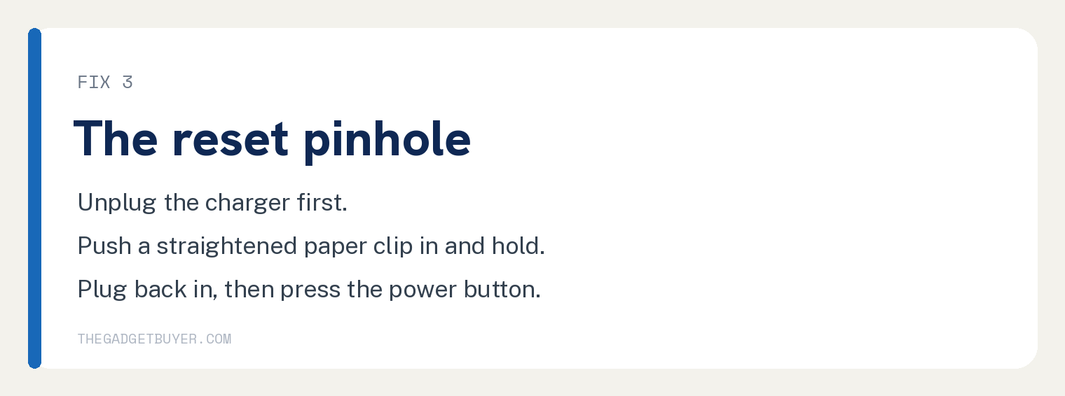 Lenovo Laptop Power Button Flashing? What It Means 3 The Gadget Buyer step card showing how to use the emergency reset pinhole on the bottom of a Lenovo laptop with a straightened paper clip