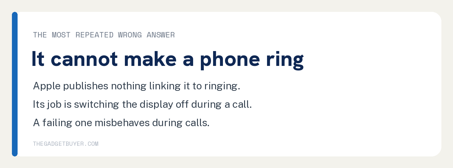 Is Your iPhone Ringing for No Reason? Check the Alarm 3 White brand card headed It cannot make a phone ring, about the iPhone proximity sensor and the most repeated wrong answer. Apple publishes nothing linking the sensor to ringing, its job is switching the display off during a call, and a failing one misbehaves during calls.