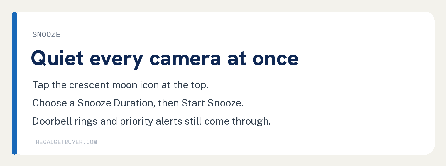 How to Turn Off Ring Notification Sound Fast 3 The Gadget Buyer step card showing how to snooze every Ring camera at once and noting that doorbell rings and priority alerts still come through