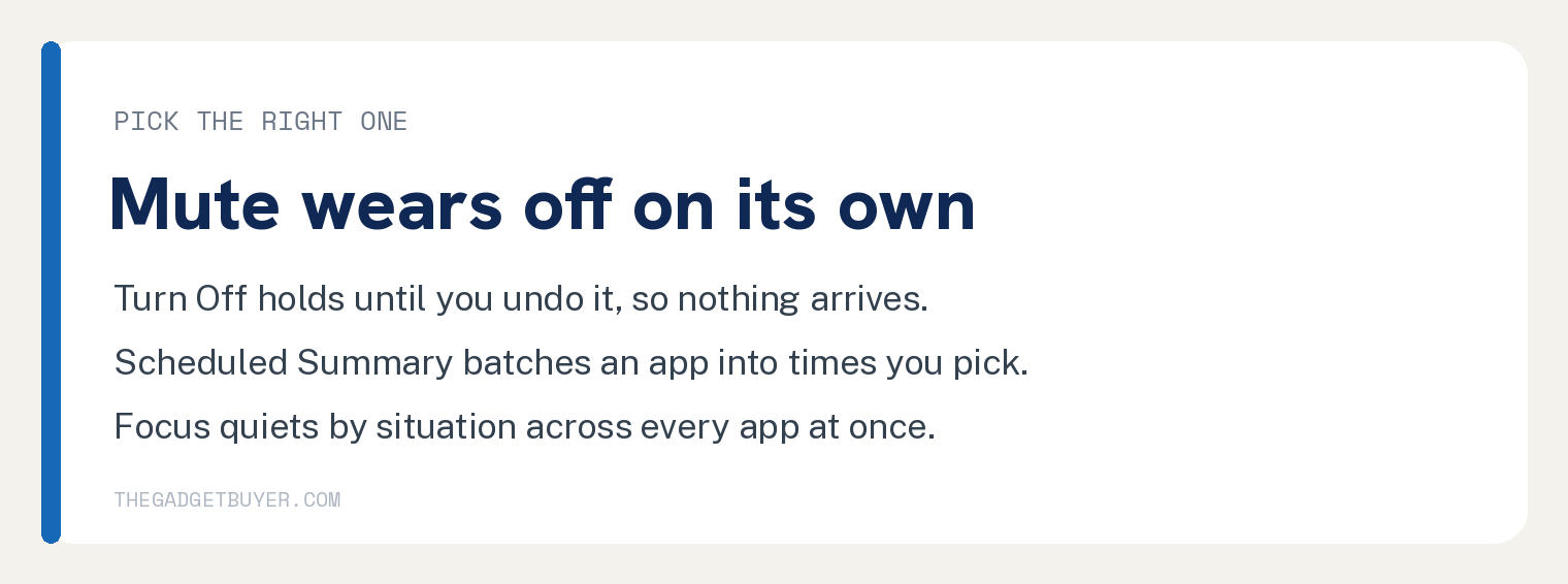 Why Deliver Quietly Vanished From Your iPhone 3 White brand card headed Mute wears off on its own, comparing the alternatives: Turn Off holds until you undo it so nothing arrives, Scheduled Summary batches an app into times you pick, and Focus quiets by situation across every app at once.