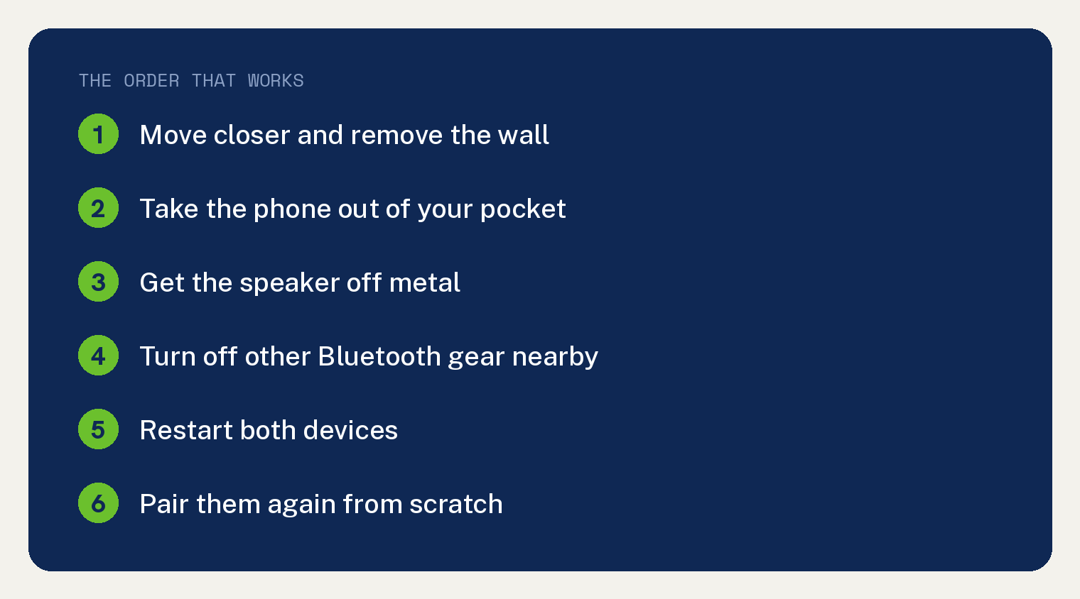 Numbered card listing the fix order for a weak Bluetooth connection: move closer and remove the wall, take the phone out of your pocket, get the speaker off metal, turn off other Bluetooth gear nearby, restart both devices, pair them again from scratch.