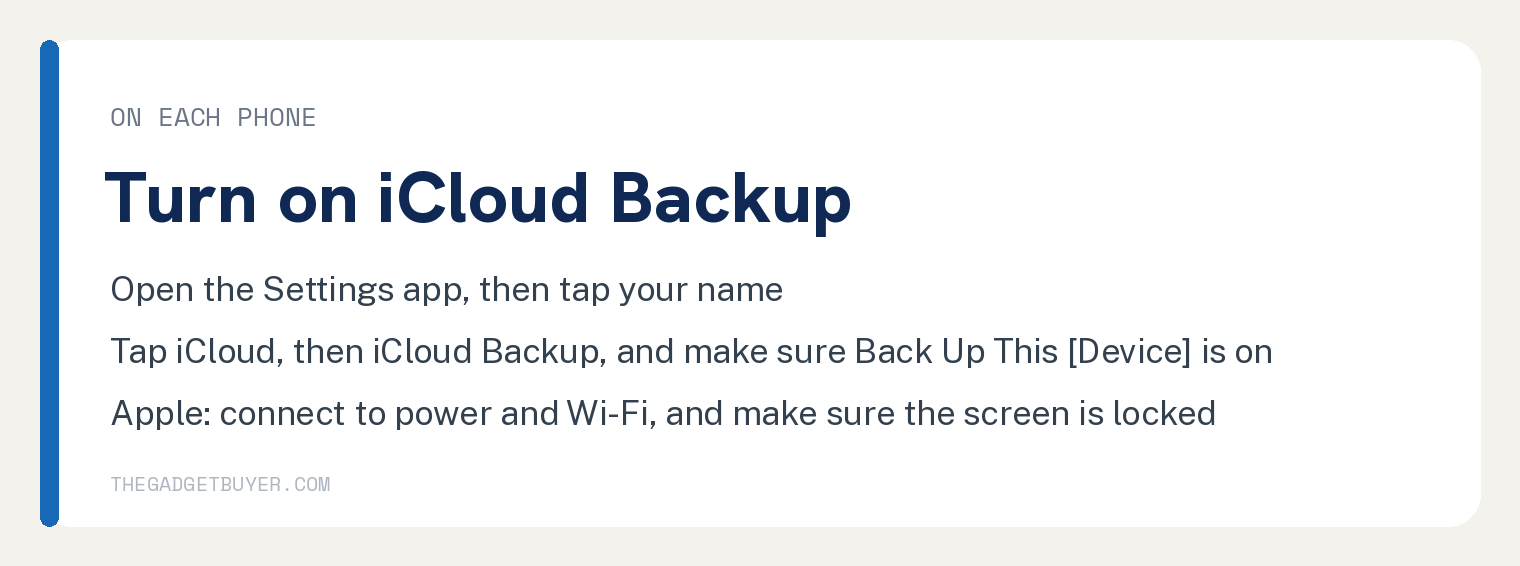 White card with Apple's automatic iCloud Backup steps to repeat on each iPhone: open the Settings app then tap your name, tap iCloud then tap iCloud Backup and make sure that Back Up This [Device] is on, connect the device to a power source and a Wi-Fi network, and make sure the screen is locked