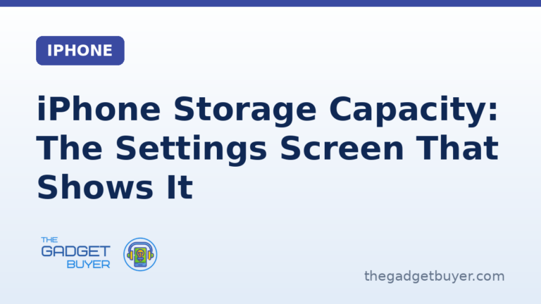 iPhone storage capacity guide card from The Gadget Buyer, the Settings screen that shows it