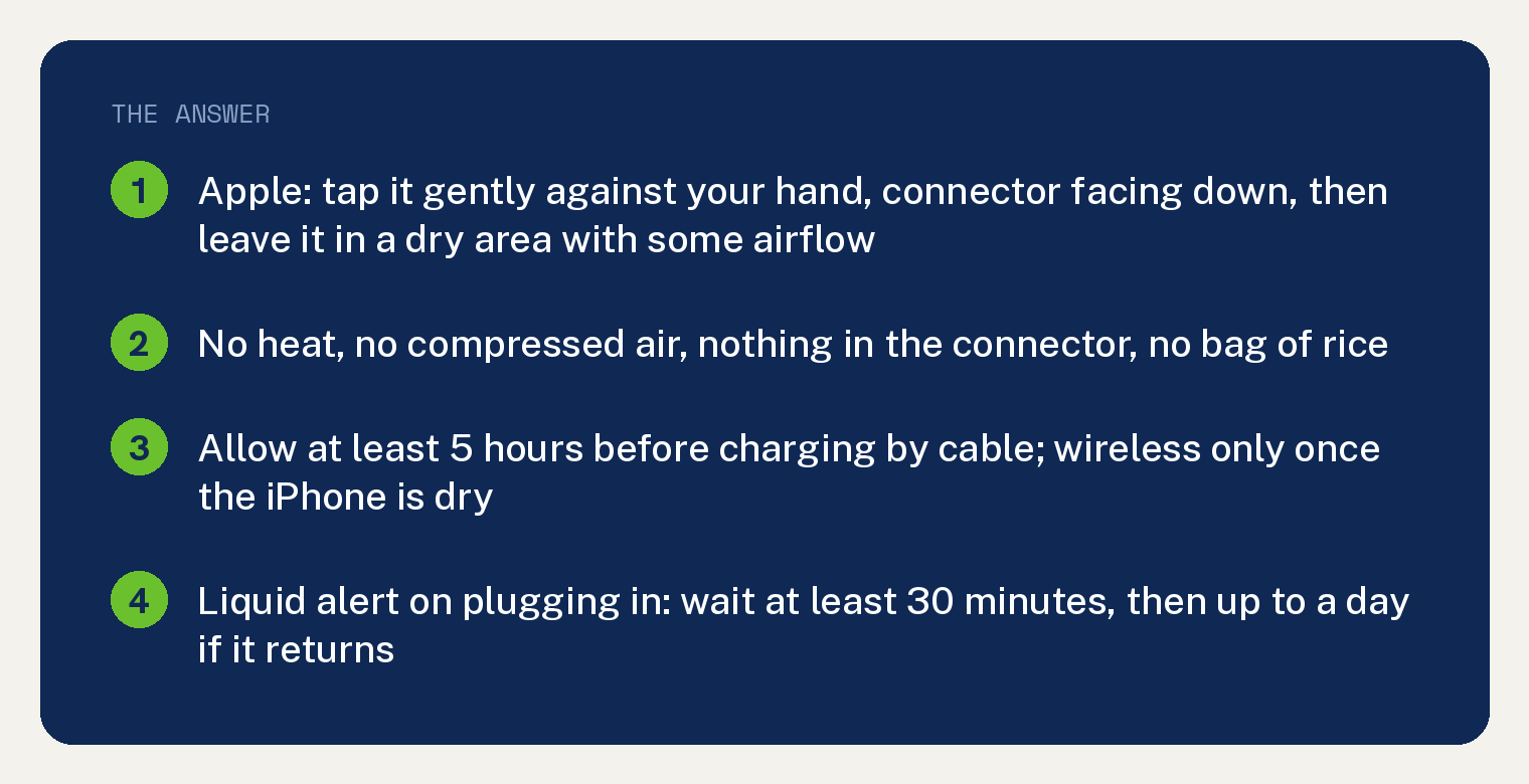 Drop Your iPhone in the Toilet? Apple's Steps, 5 Hour Wait 1 Navy summary card on an iPhone dropped in the toilet: Apple says to tap it gently against your hand with the connector facing down to remove excess liquid and leave it in a dry area with some airflow; don't dry it with an external heat source or compressed air, don't insert a cotton swab or paper towel into the connector, and don't put it in a bag of rice; allow at least 5 hours before charging with a cable and make sure it is dry before wireless charging; if a liquid detection alert appears, try again after at least 30 minutes and leave it with airflow for up to a day if the alert returns