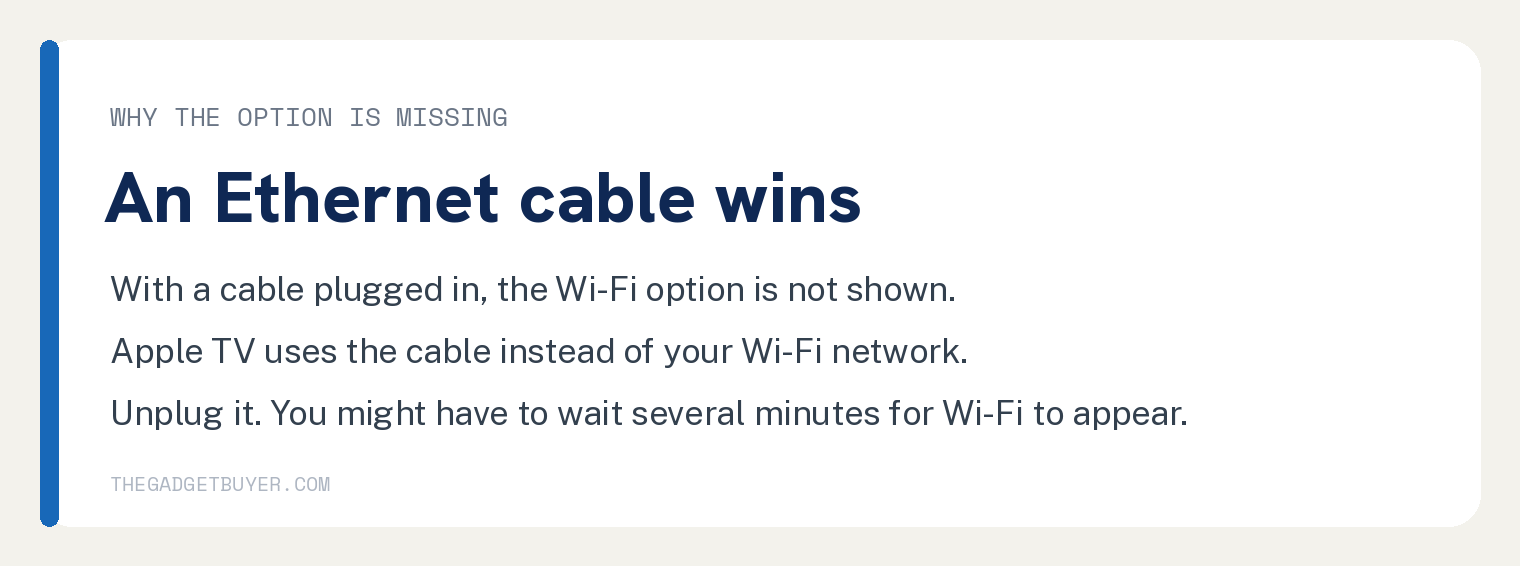 Card: why Wi-Fi is missing on Apple TV, an Ethernet cable wins, the Wi-Fi option is not shown while a cable is plugged in, and you might have to wait several minutes after unplugging it