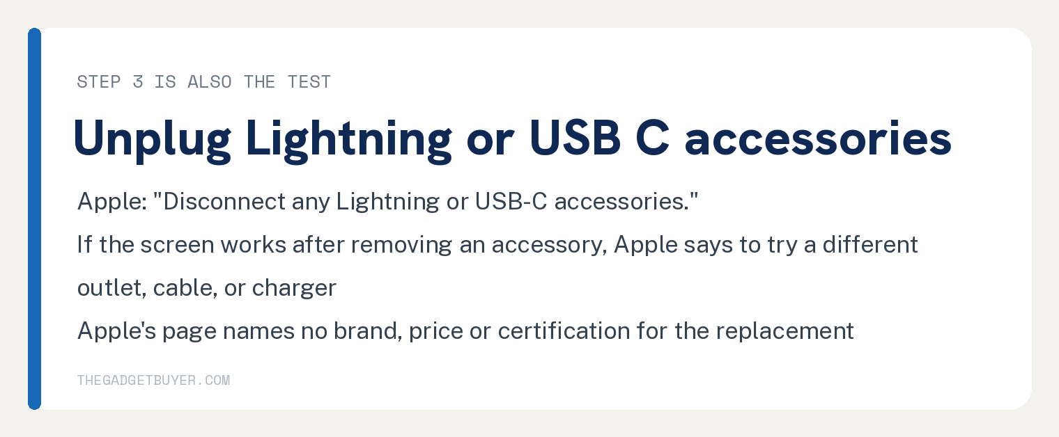 White card for step 3 of fixing an iPhone screen that moves by itself: Apple says to disconnect any Lightning or USB-C accessories; if the screen works after removing an accessory, Apple says to try a different outlet, cable, or charger; Apple's page names no brand, price or certification for the replacement