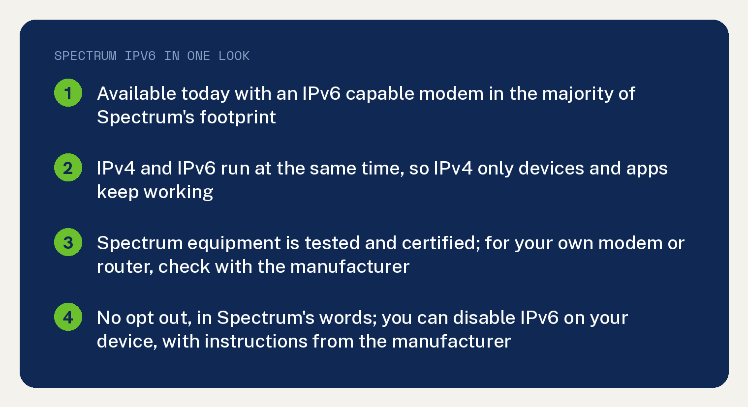Navy summary card, Spectrum IPv6 in one look: available today with an IPv6 capable modem in the majority of Spectrum's footprint; IPv4 and IPv6 run at the same time, so IPv4 only devices and apps keep working; Spectrum equipment is tested and certified, and for your own modem or router check with the manufacturer; no opt out in Spectrum's words, you can disable IPv6 on your device with instructions from the manufacturer.